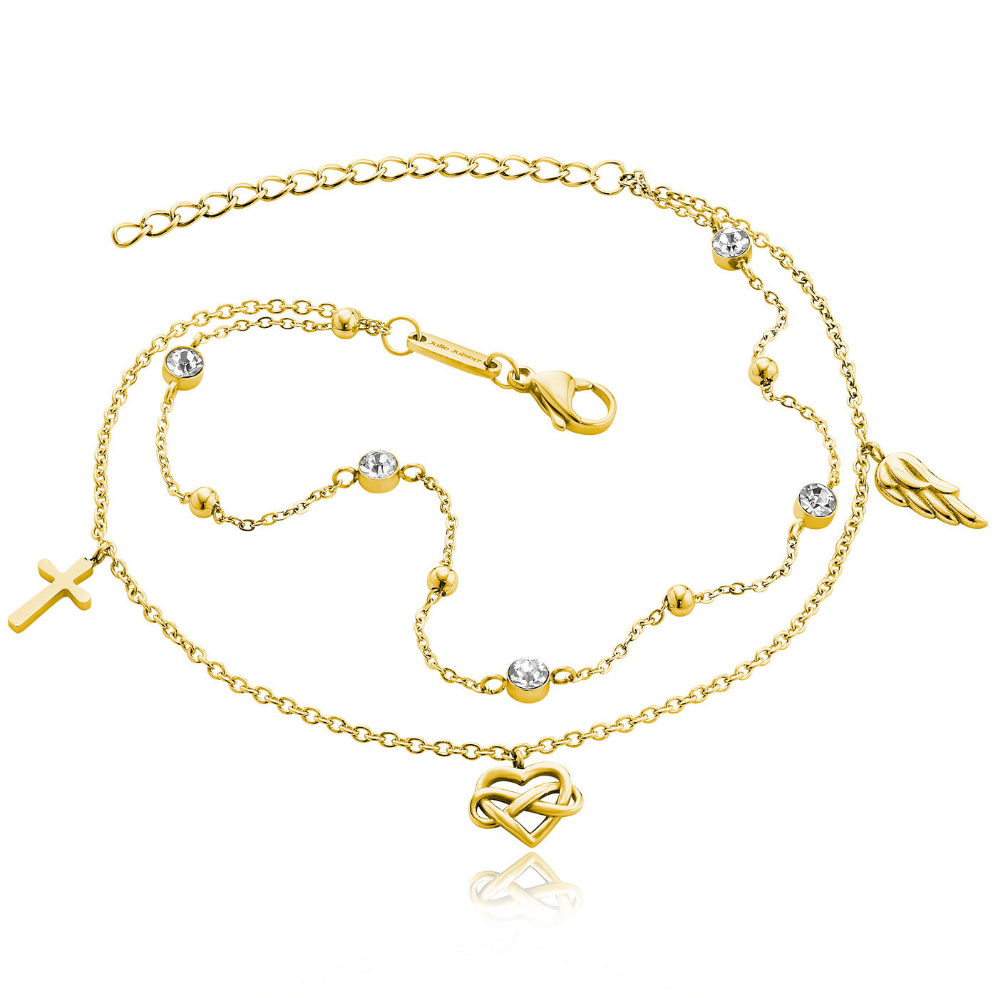 Julie Julsen Anklet CROSS-INFINITY-HEART-WING vergoldet aus Stahl mit 5 Zirkonia