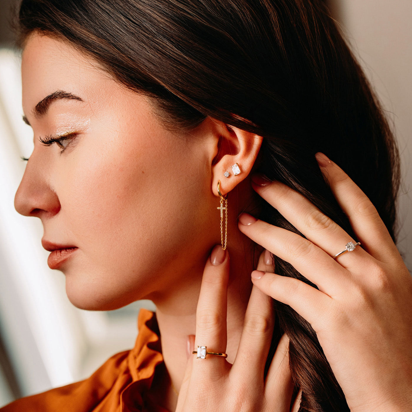 Julie Julsen Creole CROSS Silber vergoldet mit 20 weißen Zirkonia