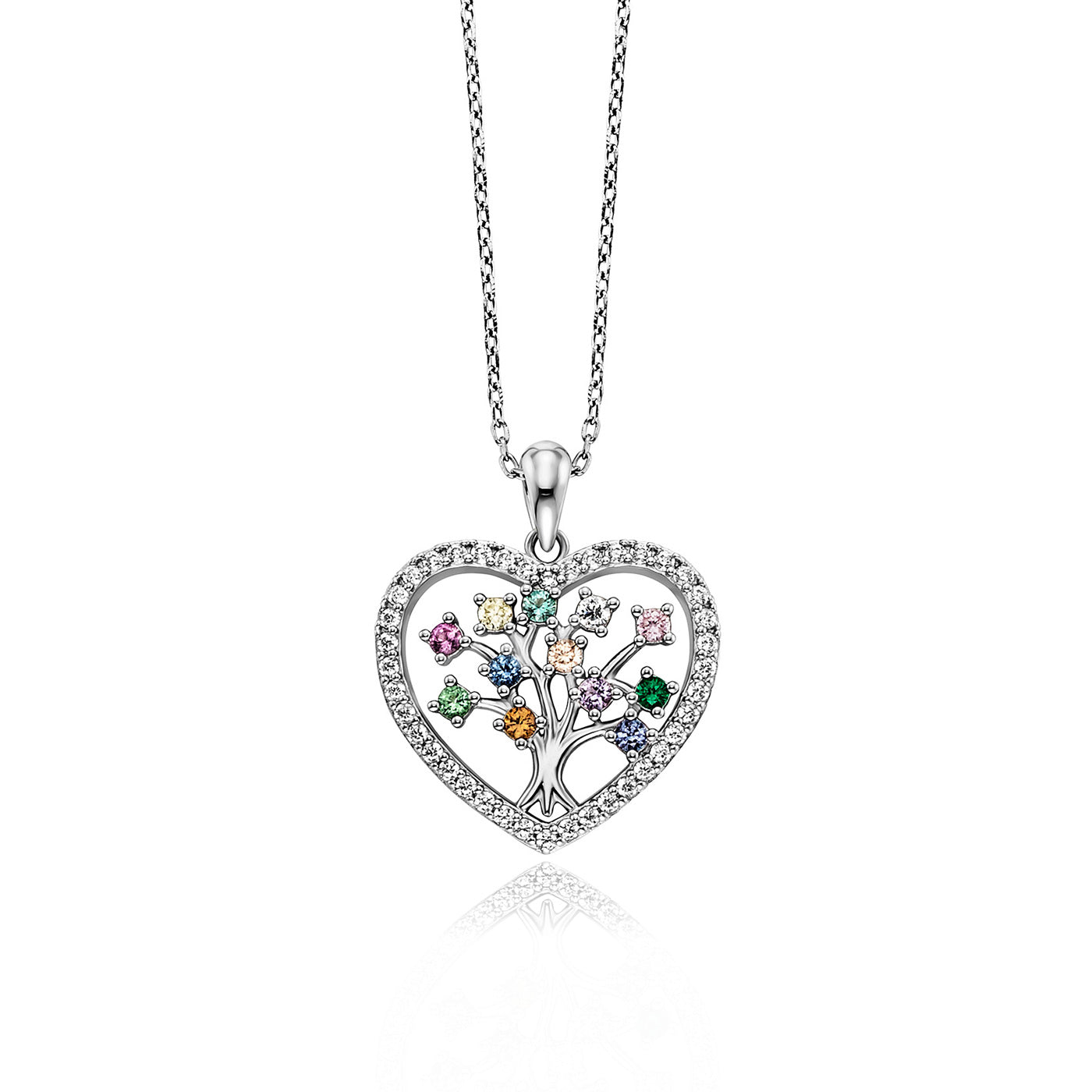Julie Julsen Kette mit Anhänger HEARTTREE Silber rhodiniert mit 52 bunten Zirkonia