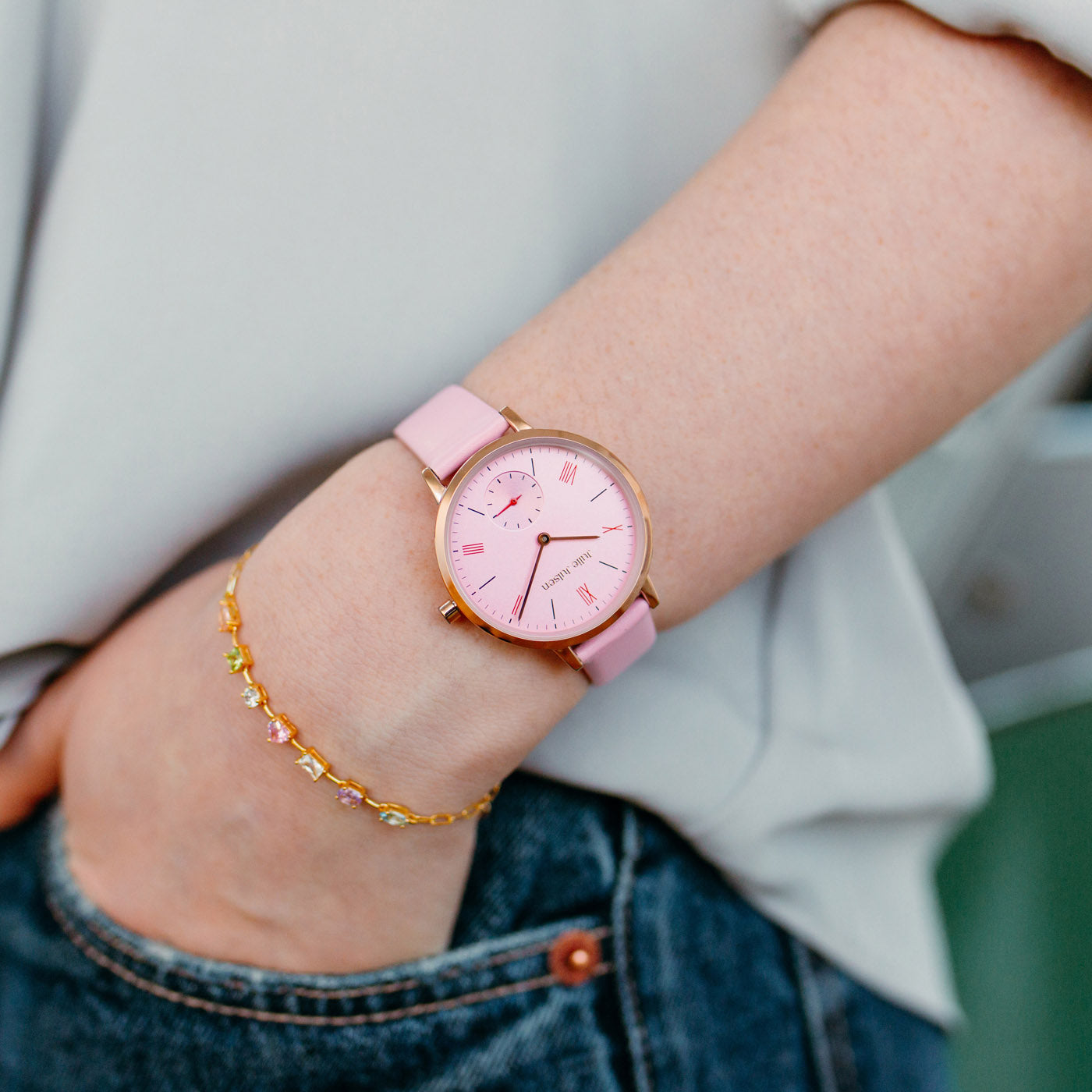 Julie Julsen Damenarmbanduhr LITTLE SECOND rosé vergoldet mit rosa Lederband 3 atm