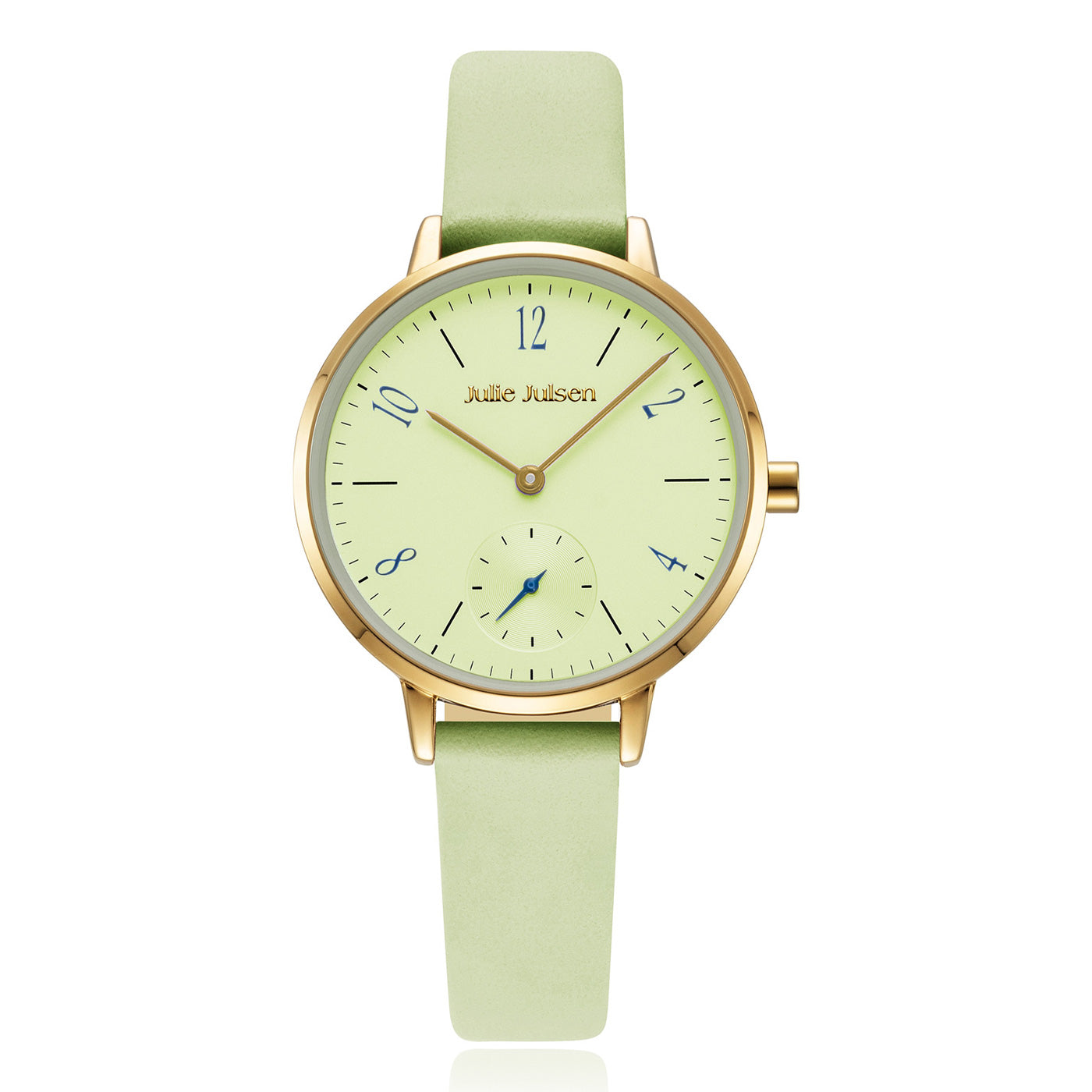 Julie Julsen Damenarmbanduhr LITTLE SECOND vergoldet mit hellgrünem Lederband 3 atm