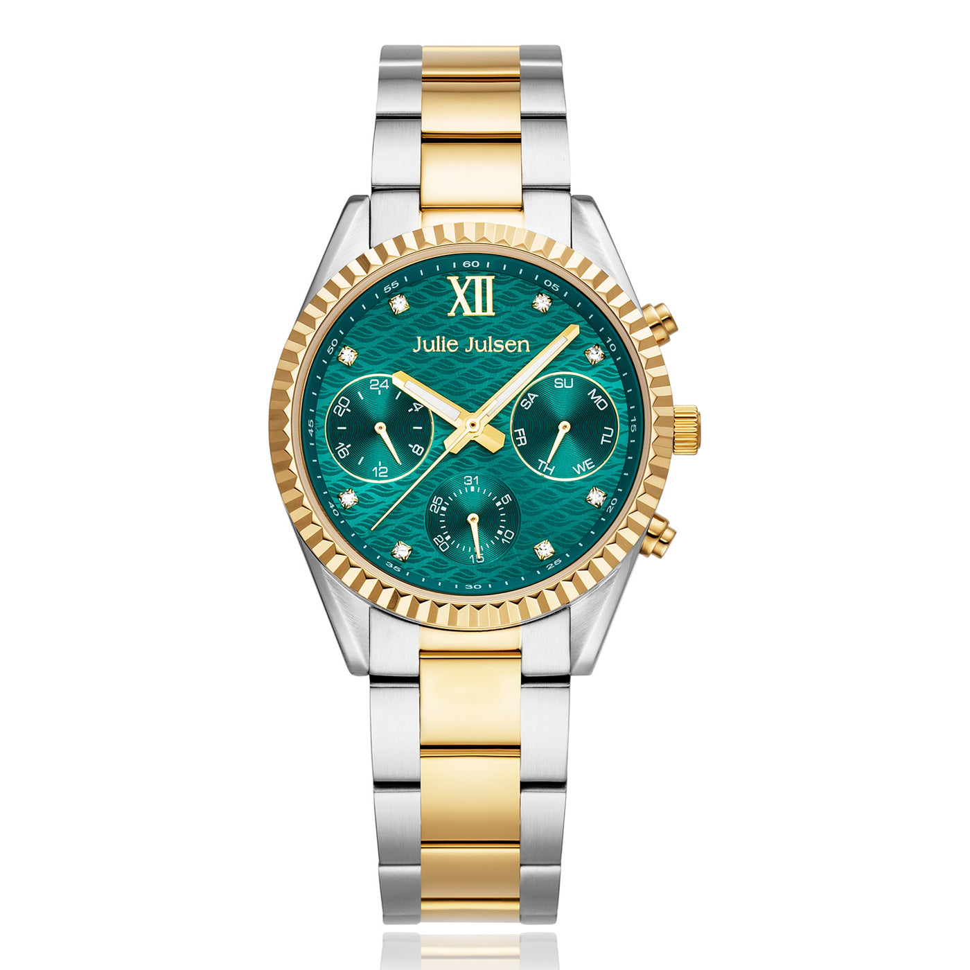 Julie Julsen Damenarmbanduhr SPORTIV MF vergoldet mit grünem Zifferblatt und bicolor Edelstahlband 5 atm