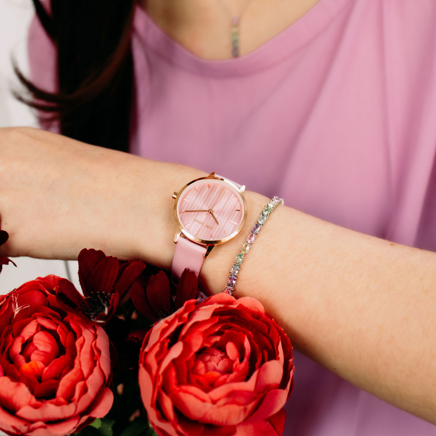 Julie Julsen Damenuhr PASTELL vergoldet mit rosa Lederband 3 ATM