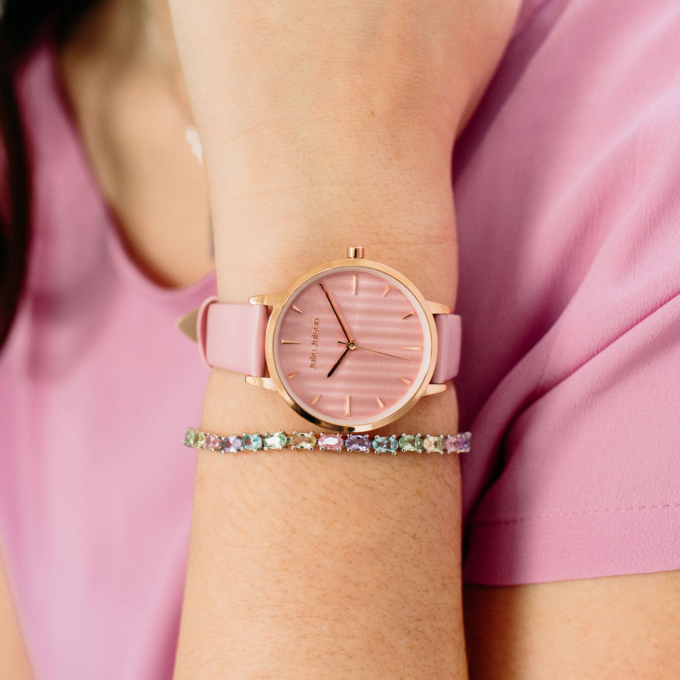 Julie Julsen Damenuhr PASTELL vergoldet mit rosa Lederband 3 ATM