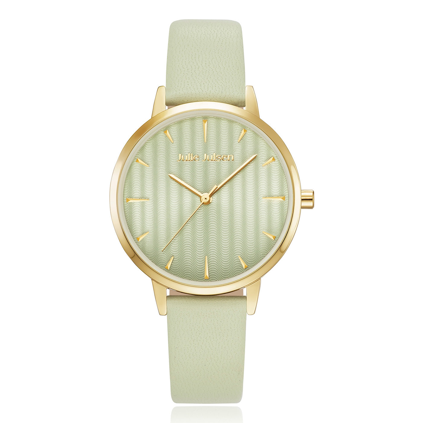 Julie Julsen Damenuhr PASTELL vergoldet mit hellgrünem Lederband 3 ATM