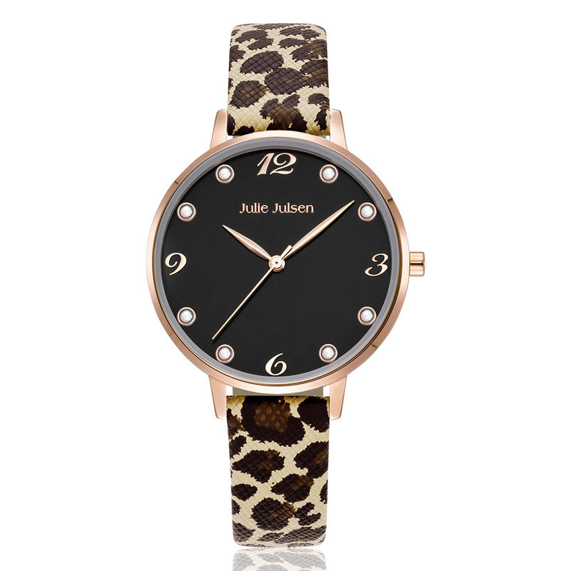 Julie Julsen rosé schwarz Leopardenmuster PEARL 36 mm Armbanduhr Damen
