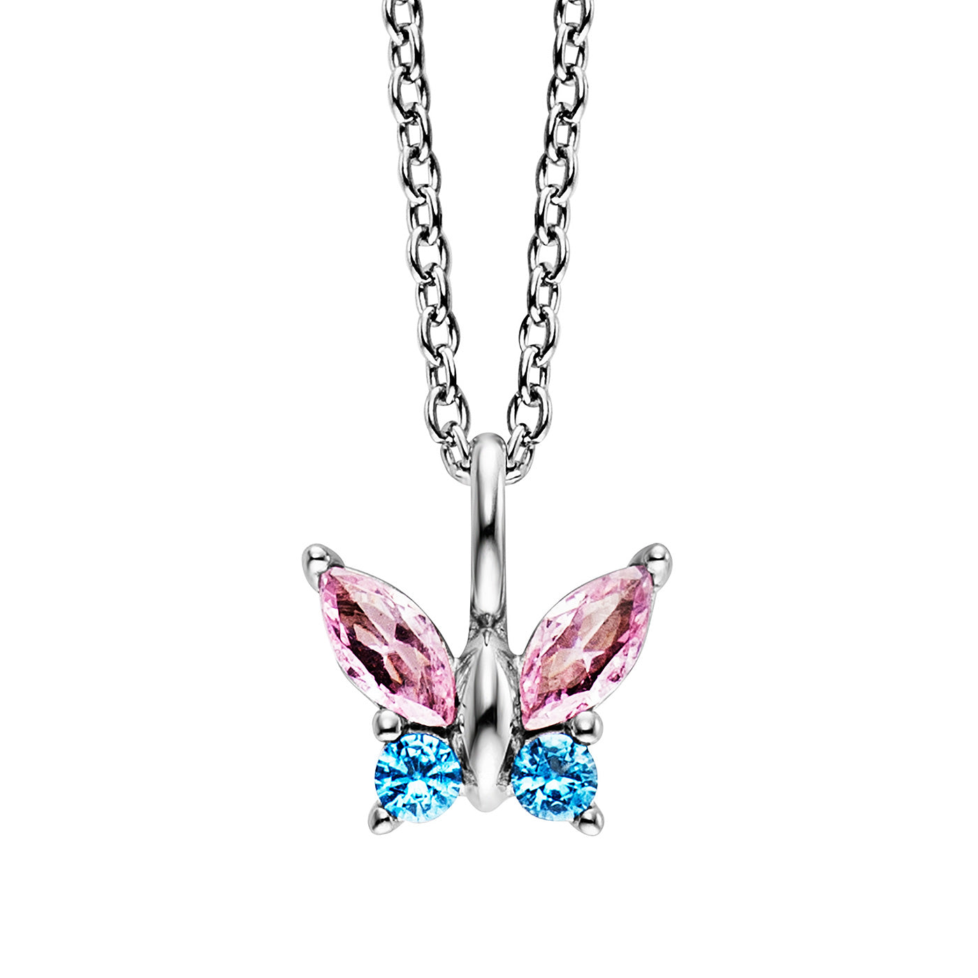Julie Julsen KIDS Kette mit Anhänger BUTTERFLY Silber rhodiniert mit 4 bunten Zirkonia