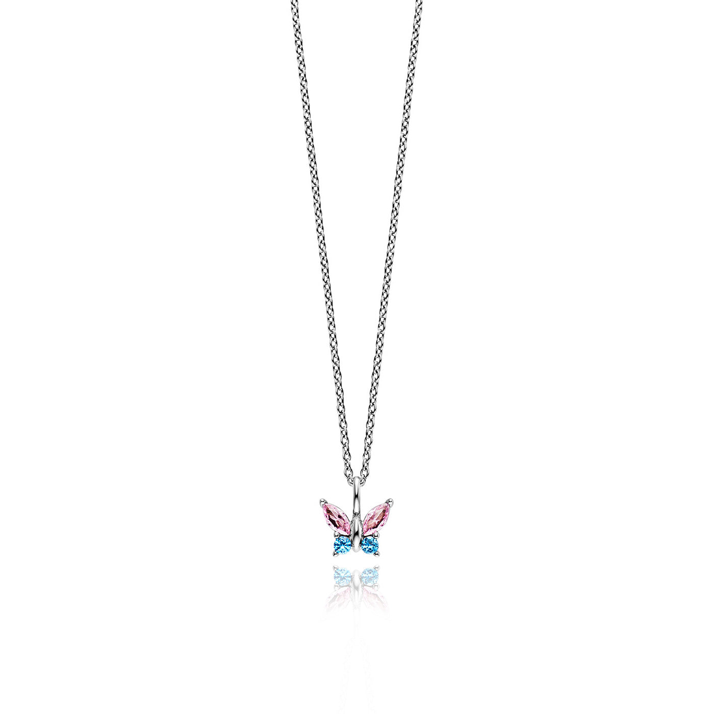 Julie Julsen KIDS Kette mit Anhänger BUTTERFLY Silber rhodiniert mit 4 bunten Zirkonia