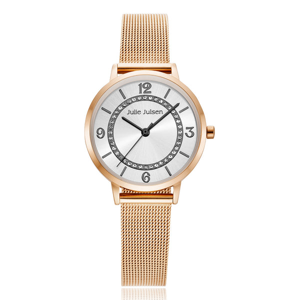 Julie Julsen Damen Armbanduhr BASIC rosé-schwarz mit Edelstahlband und Strass 3 atm