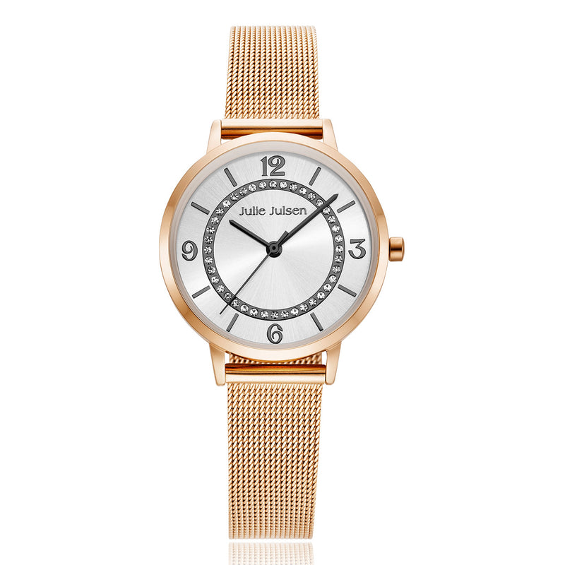 Julie Julsen Damen Armbanduhr BASIC rosé-schwarz mit Edelstahlband und Strass 3 atm