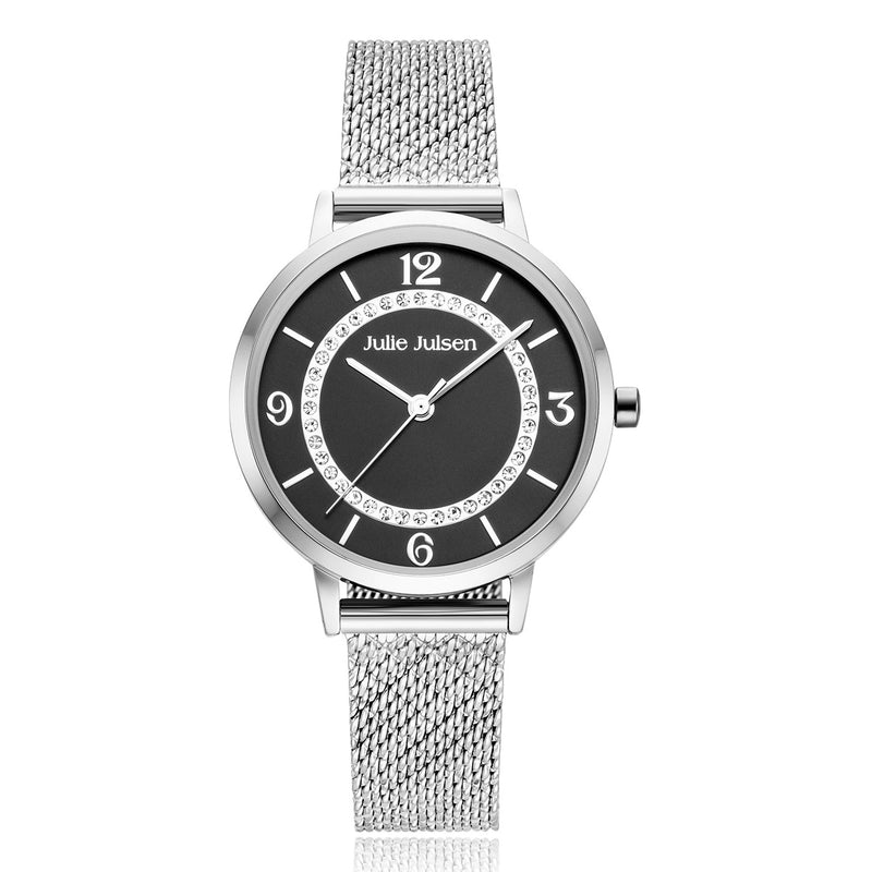 Julie Julsen Damen Armbanduhr BASIC silber-schwarz mit Edelstahlband und Strass 3 atm