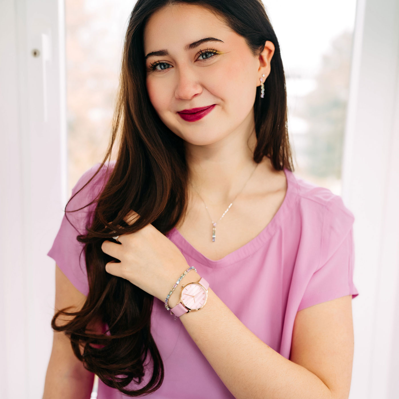 Julie Julsen Damenuhr PASTELL vergoldet mit rosa Lederband 3 ATM