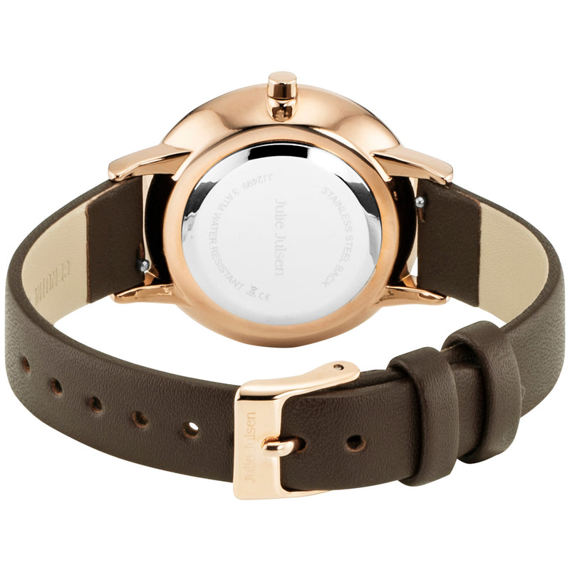 Julie Julsen Damenuhr SHINY II rosé vergoldet mit braunem Lederband und 72 weißen Zirkonia 3atm