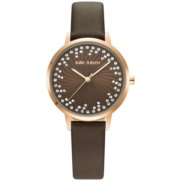 Julie Julsen Damenuhr SHINY II rosé vergoldet mit braunem Lederband und 72 weißen Zirkonia 3atm