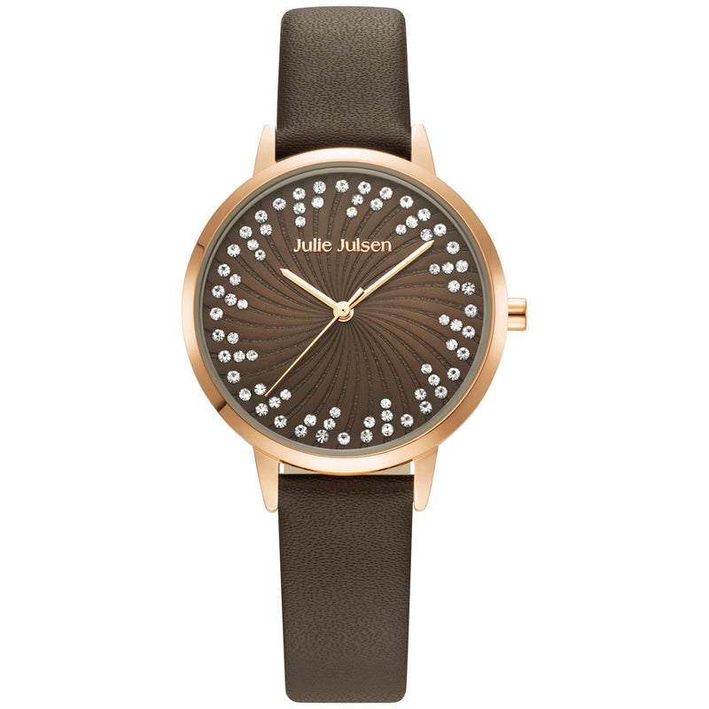 Julie Julsen Damenuhr SHINY II rosé vergoldet mit braunem Lederband und 72 weißen Zirkonia 3atm