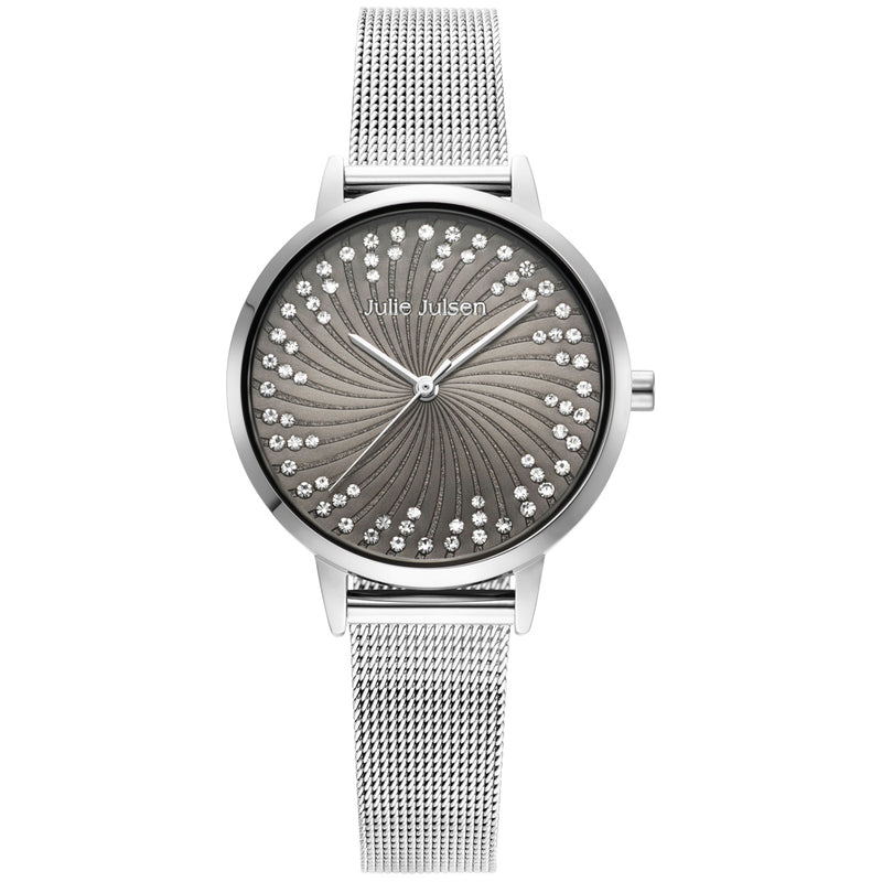 Julie Julsen Damenuhr SHINY II silber / schwarz mit Meshband und 72 Zirkonia 3 atm