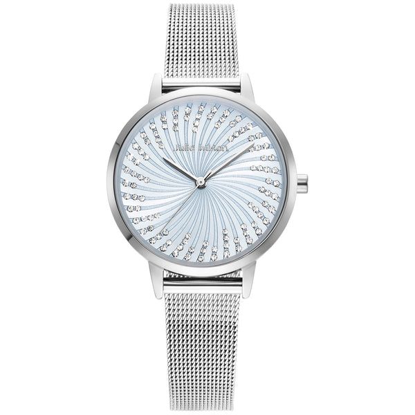Julie Julsen Damenuhr SHINY II silber / hellblau mit Meshband und 72 Zirkonia 3 atm