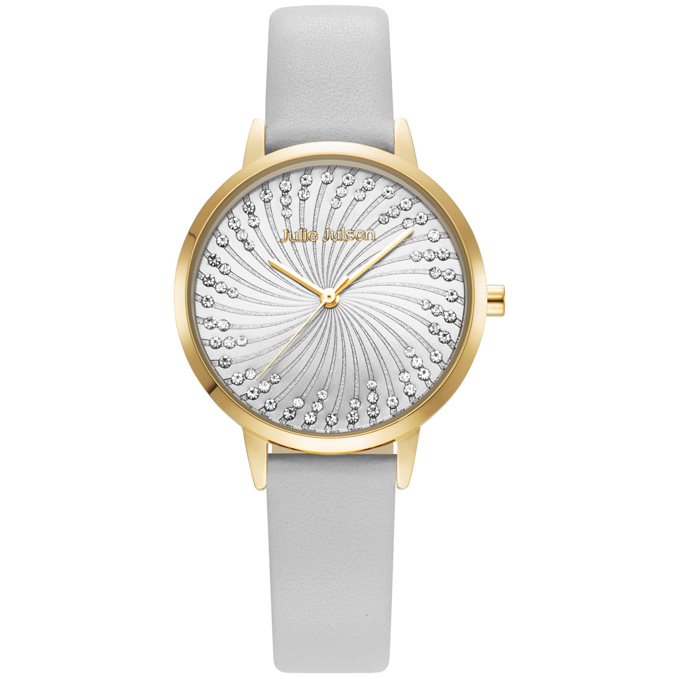 Julie Julsen Damenuhr SHINY II vergoldet mit grauem Lederband und 72 Zirkonia 3 atm