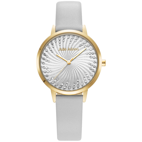 Julie Julsen Damenuhr SHINY II vergoldet mit grauem Lederband und 72 Zirkonia 3 atm