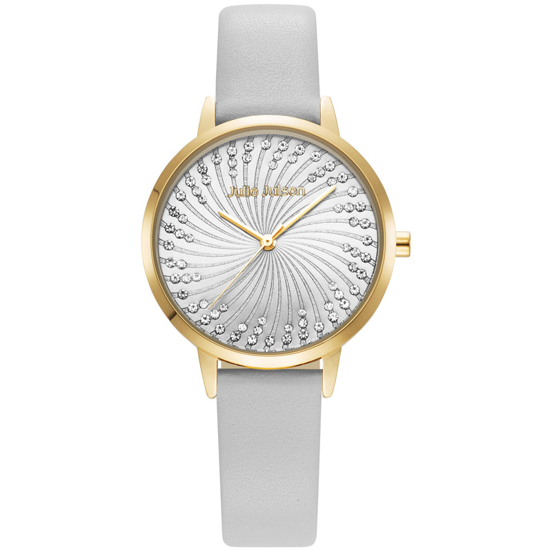 Julie Julsen Damenuhr SHINY II vergoldet mit grauem Lederband und 72 Zirkonia 3 atm