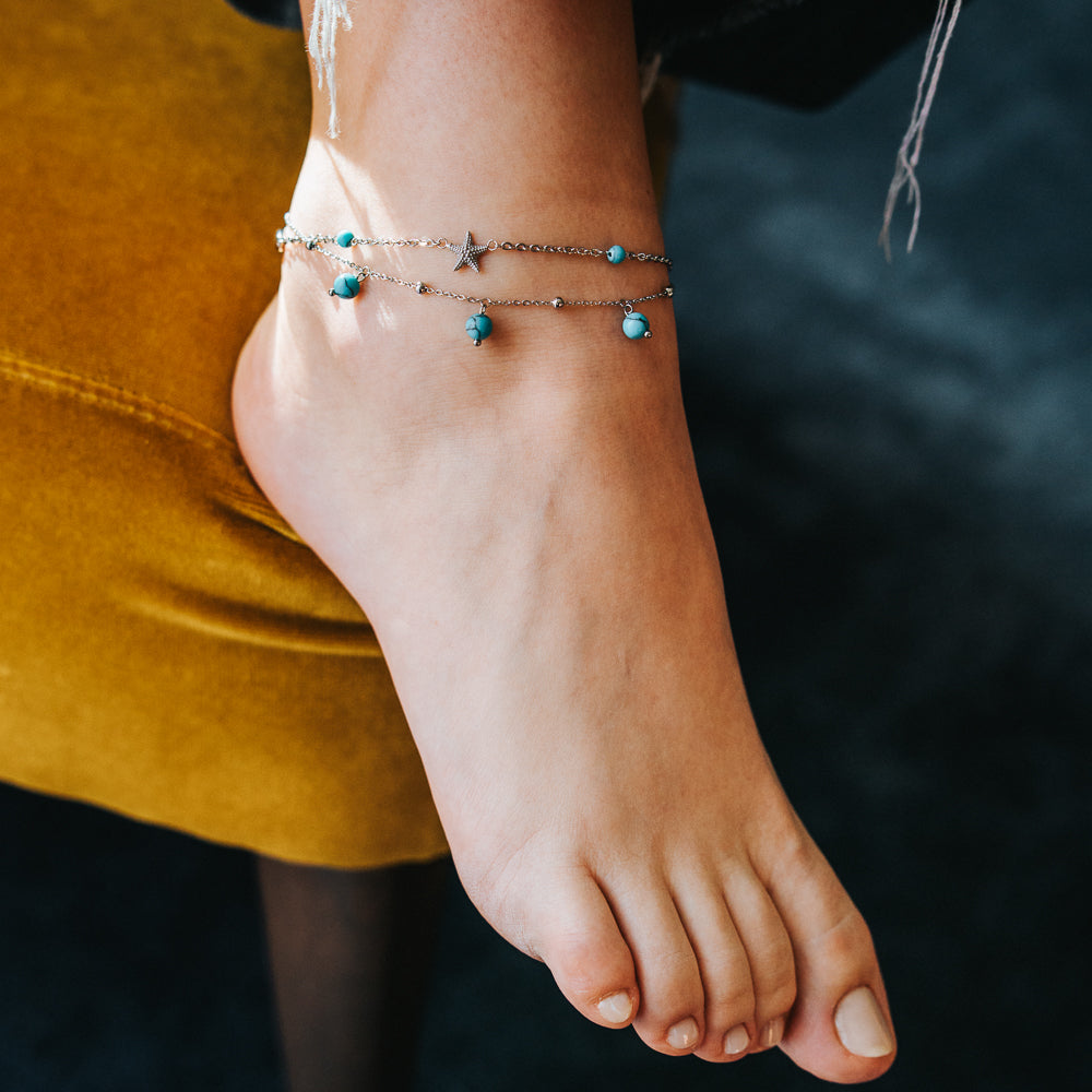 Julie Julsen, Anklet aus Stahl, SHELL-STARFISH-TURQUOISE, silber