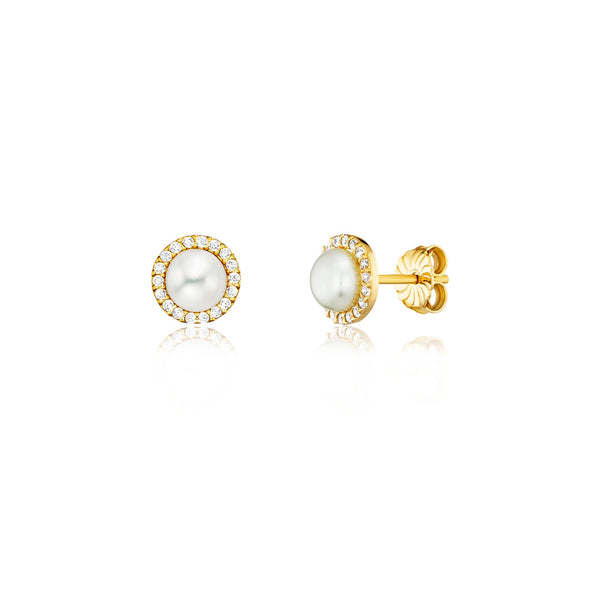 JULIE JULSEN EAR STUDS GOLD PLATED 2 FRESHWATER PEARLS and 36 ZIRCONIA