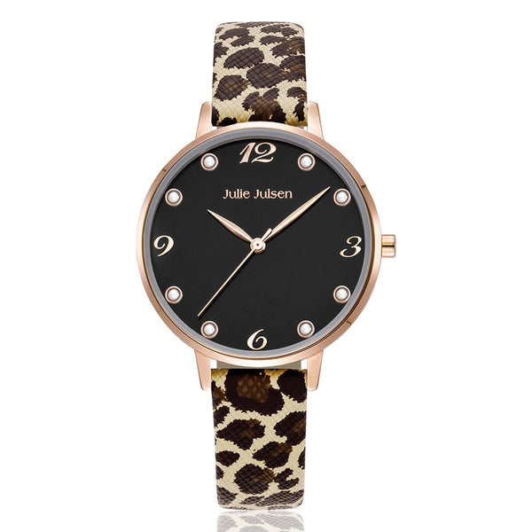 Julie Julsen Damen Armbanduhr PEARL Leopard rosé schwarzes Ziffernblatt mit 8 Süßwasserperlen 3atm