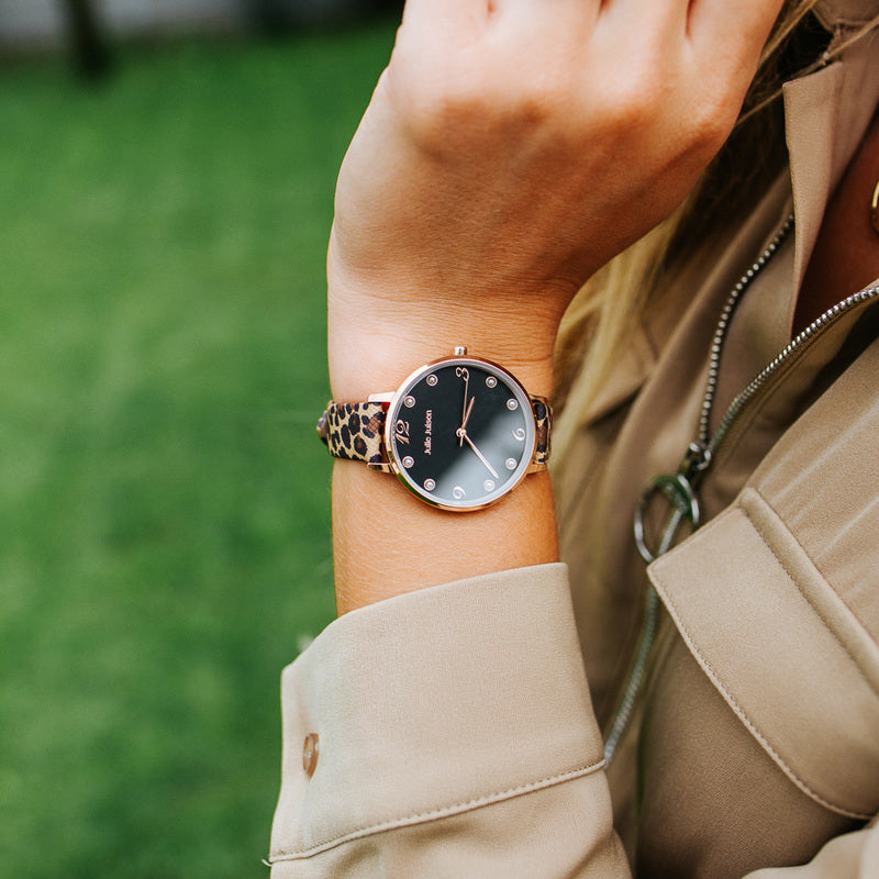 Julie Julsen Damen Armbanduhr PEARL 36 mm Leopardenmuster rosé schwarz | Schlüsselanhänger