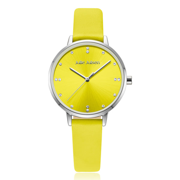Julie Julsen Uhr, Color Lime, Lederband gelb, mit 16 Zirkonia, 30m