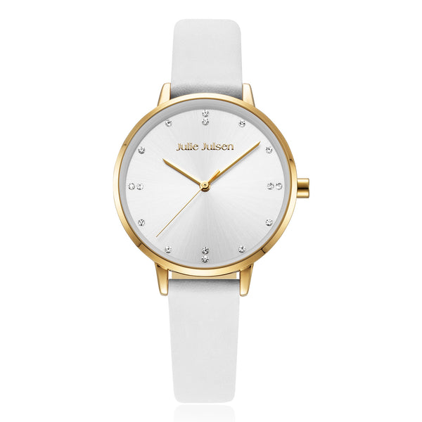 Julie Julsen Uhr, Color White, Lederband weiß, 16 Zirkonia, 30m