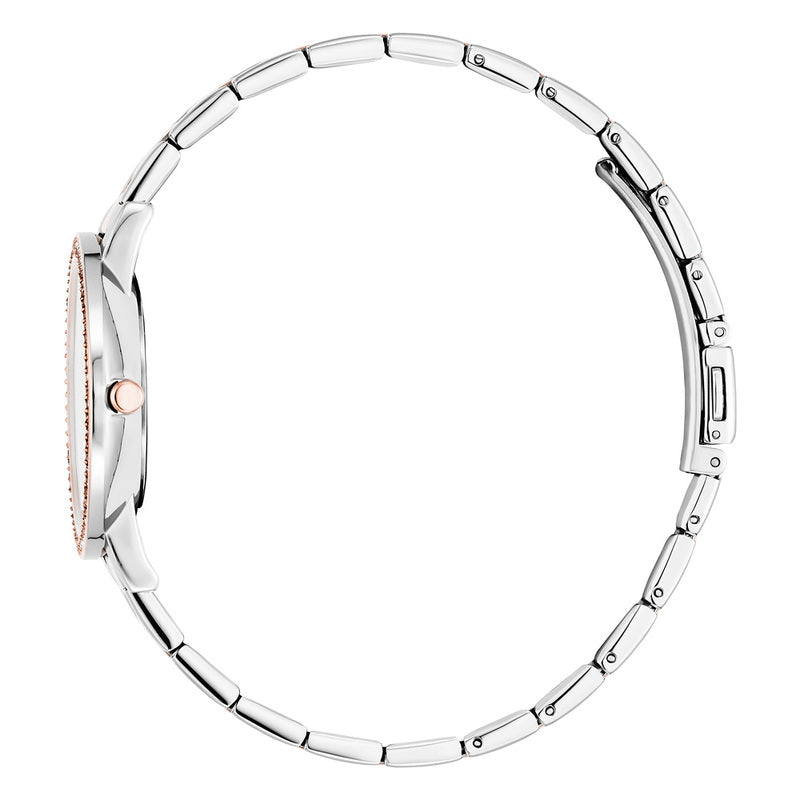 Julie Julsen Damen Armbanduhr 34mm silber rosé perlmutt weißes Zifferblatt mit 70 Zirkonia 3atm