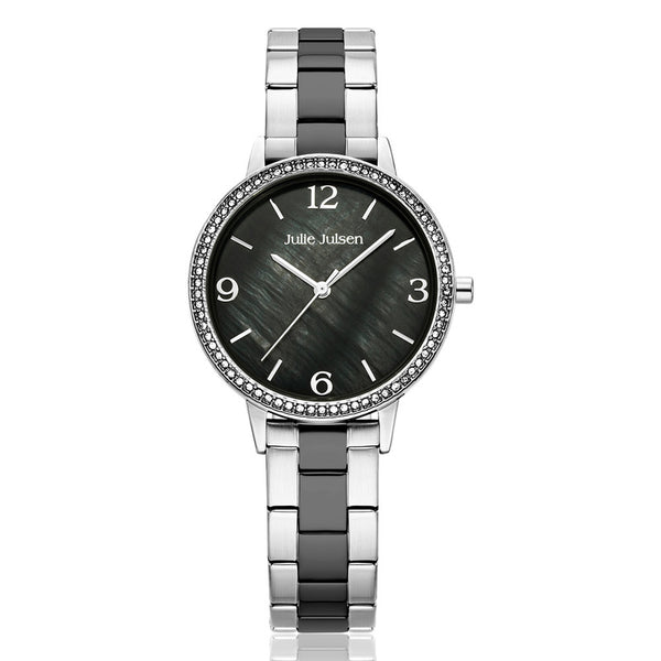 Julie Julsen Damen Armbanduhr 34mm silber schwarz perlmutt schwarzes Zifferblatt mit 70 Zirkonia 3atm