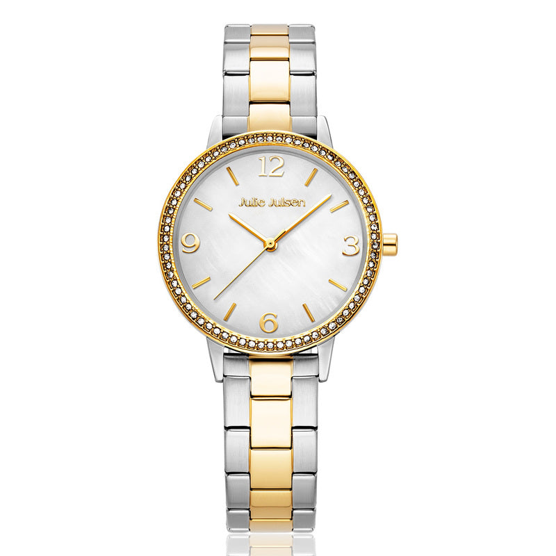 Julie Julsen Damen Armbanduhr 34mm silber vergoldet perlmutt weißes Zifferblatt mit 70 Zirkonia 3atm