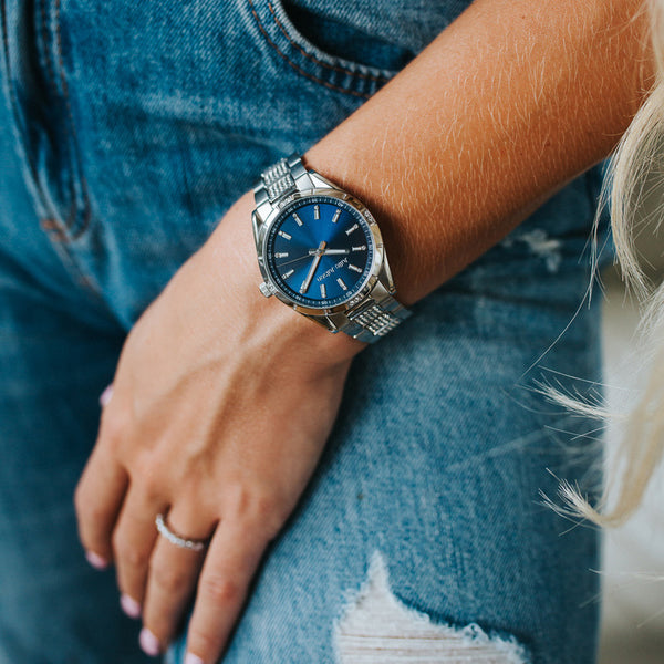Julie Julsen Damen Armbanduhr SPORTIV silber blau mit 170 Zirkonia 5atm